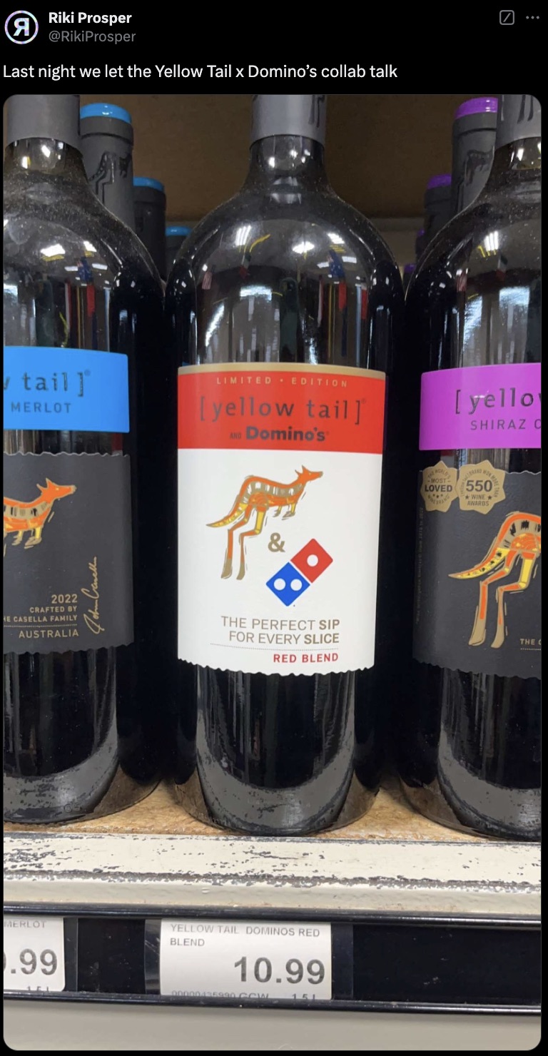 liqueur - Riki Prosper Last night we let the Yellow Tail x Domino's collab talk tail Merlot Limited Edition yellow tail Domino's 2022 Crafted By He Casella Family Australia The Perfect Sip For Every Slice Red Blend Merlot .99 Yellow Tail Dominos Red Blend